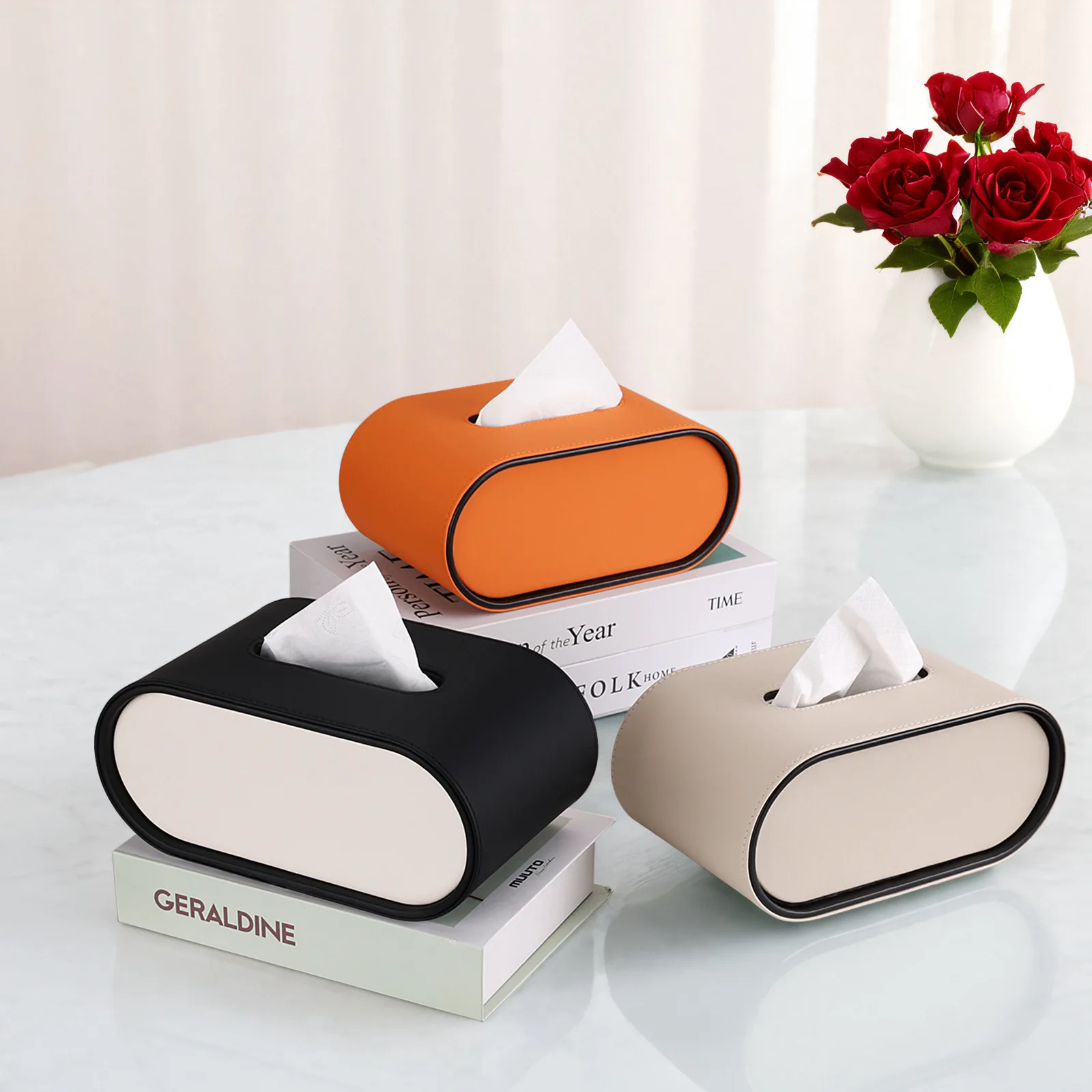 Ellipse Leather Tissue Box Cover,Scratch-Resistant Rectangular,Oval Holder For Car/Living Room/Bedroom/Bathroom/Office