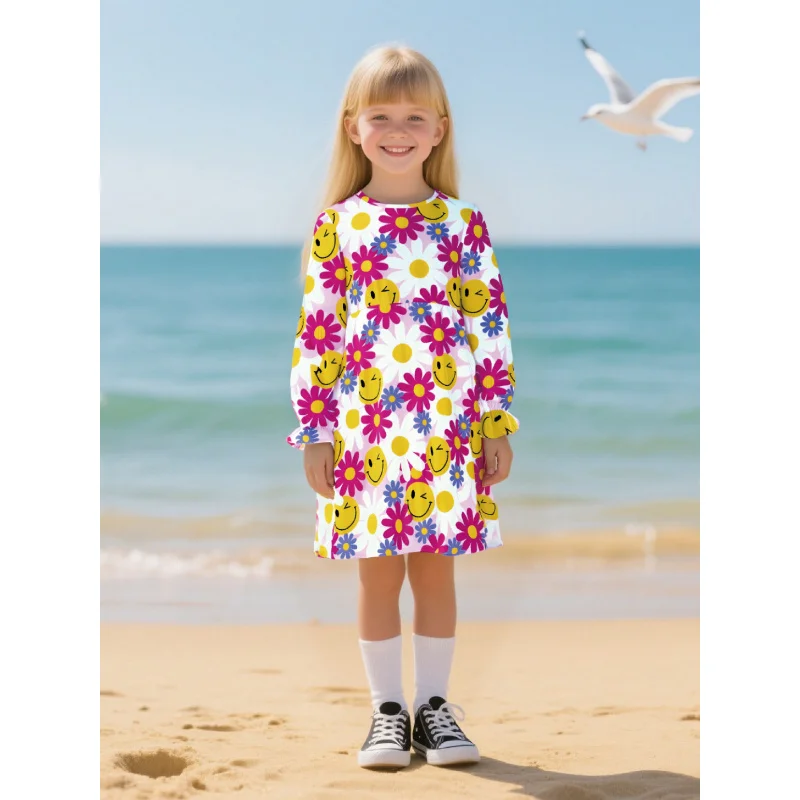 2025 Girls' Cute Sunshine Long Sleeve Dress - Colorful Smiley Face and Floral Print Casual Dress, Children's Daily Wear