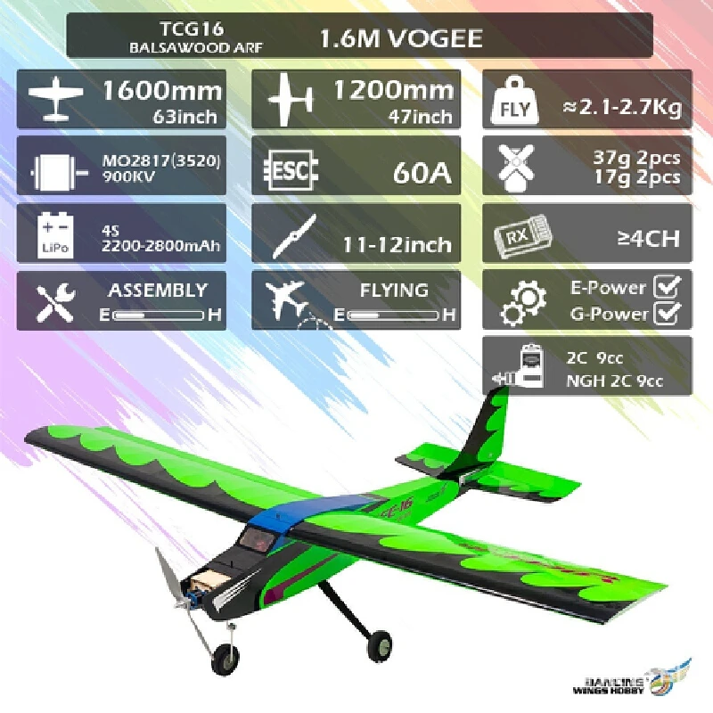 

Dwhobby Electric Model 1.6m Large Wingspan Arf Light Wood Fixed Wing Completion Aircraft Vogee-16 Children'S Cool Hotselling Toy