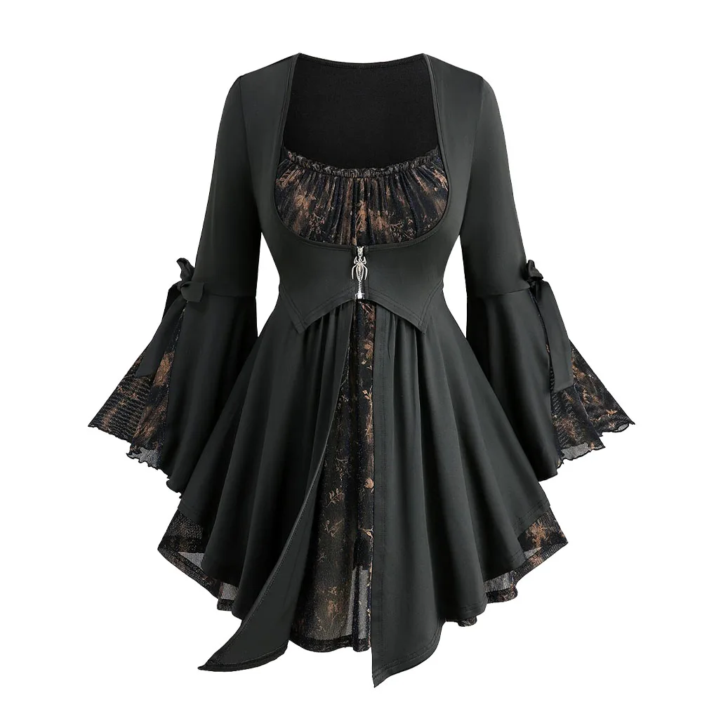 

ROSEGAL Plus Size Women's Blouses Flowers Leaf Printed Ruffles Ruched Spider Shaped Zipper Bowknot Flare Sleeve 2 In 1 Tops