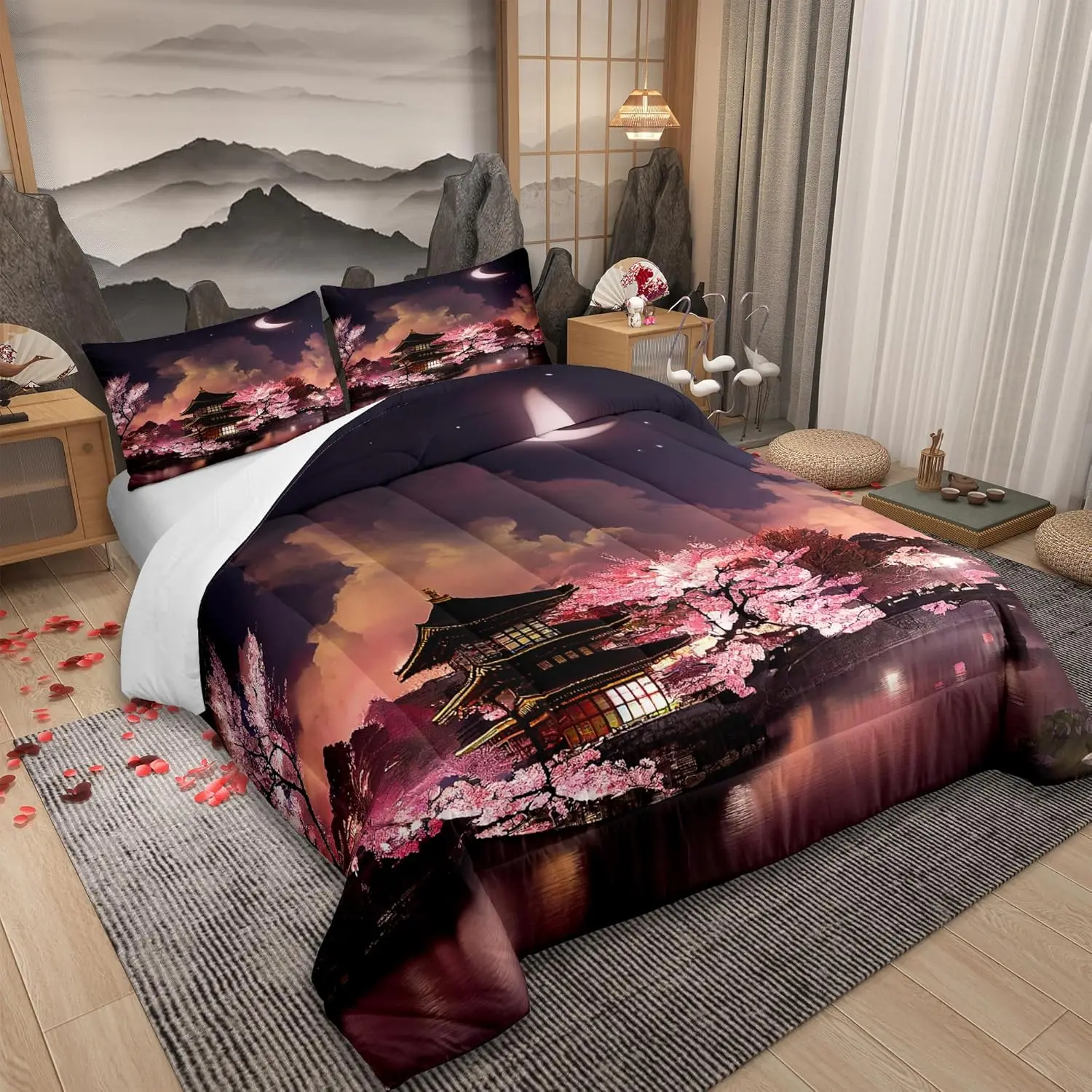 Japanese Style Duvet cover Set Queen Size Moon Cherry Blossom Bedding 3pcs Romantic Night Sky Scenery Quilt,Room Decor