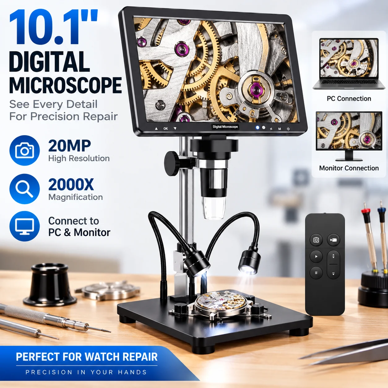 Kit di riparazione per orologi con microscopio digitale HDMI da 10,1 pollici, microscopio per monete 2000X con 10 LED, microscopio per manutenzione da 20MP, strumento utile per la riparazione di