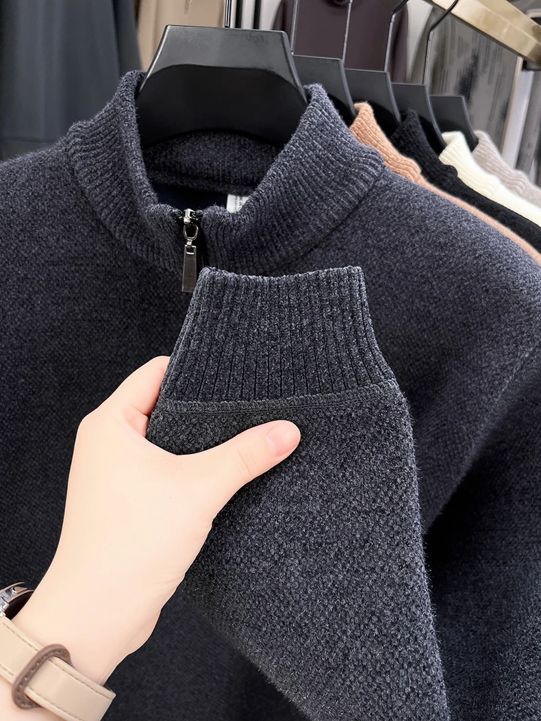 High-End-Markenpullover mit Reißverschluss und Stehkragen für Herren lässige Mode klassische Paul-Stickerei Winter neuer warmer Strickpullover aus Plüsch – Detail 20