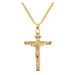 Fashion Crucifix Jesus Christ Men Jewelry Gold Brown Silver Color Metal Cross Pendant With Neck Chain Necklaces For Women