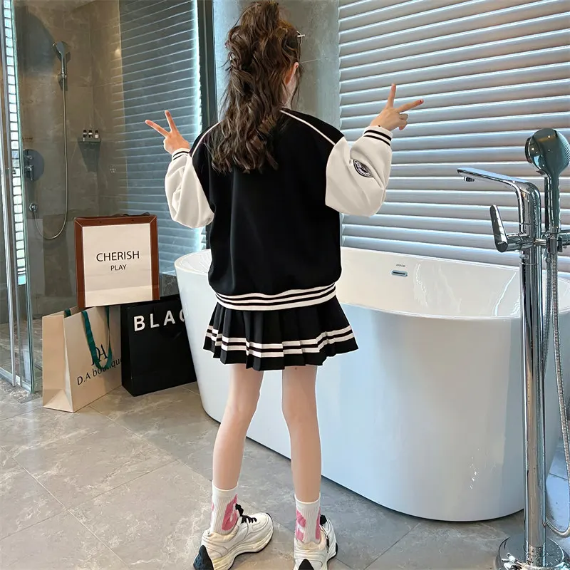 Teen Girls Spring Baseball Uniform Suit Autumn Fashion Letter Print Patchwork Jacket Coat + Pleated Skirt 2pcs JK Outfits 4-14Y