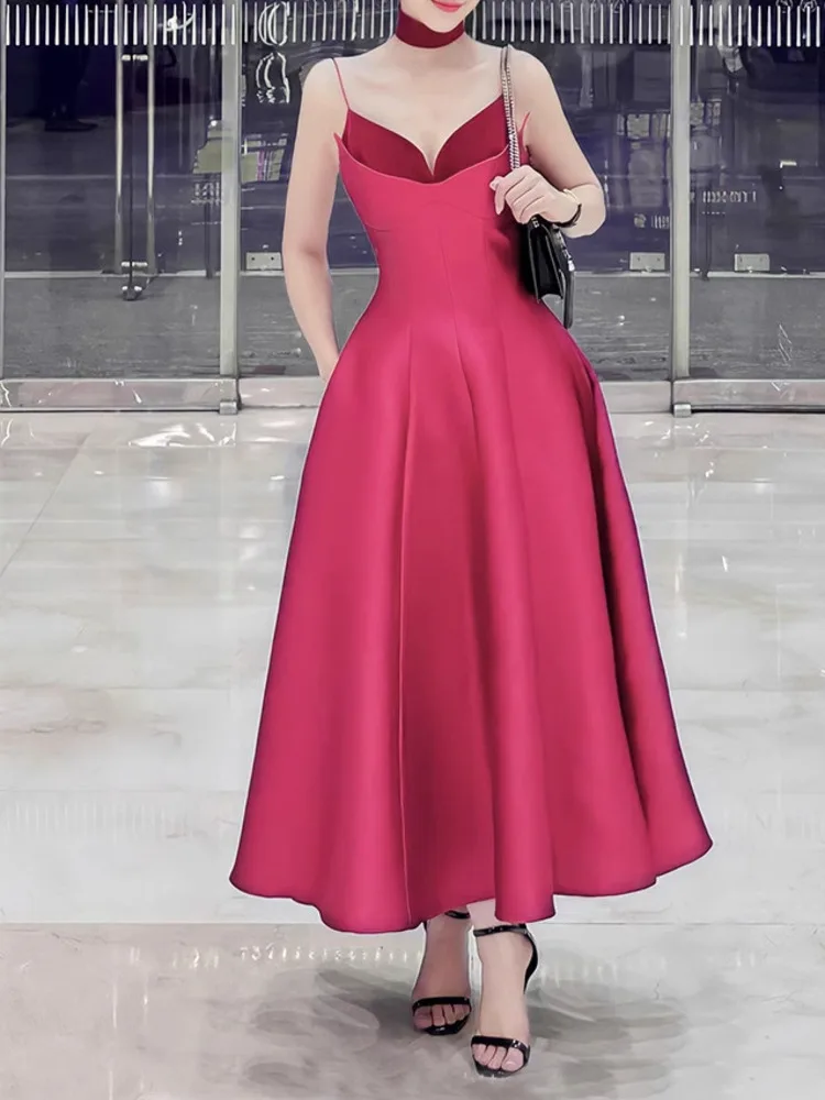 Lism moda feminina vestido de noite camisola retalhos cetim cintura alta sem mangas elegante vestidos de festa 2024 outono novo