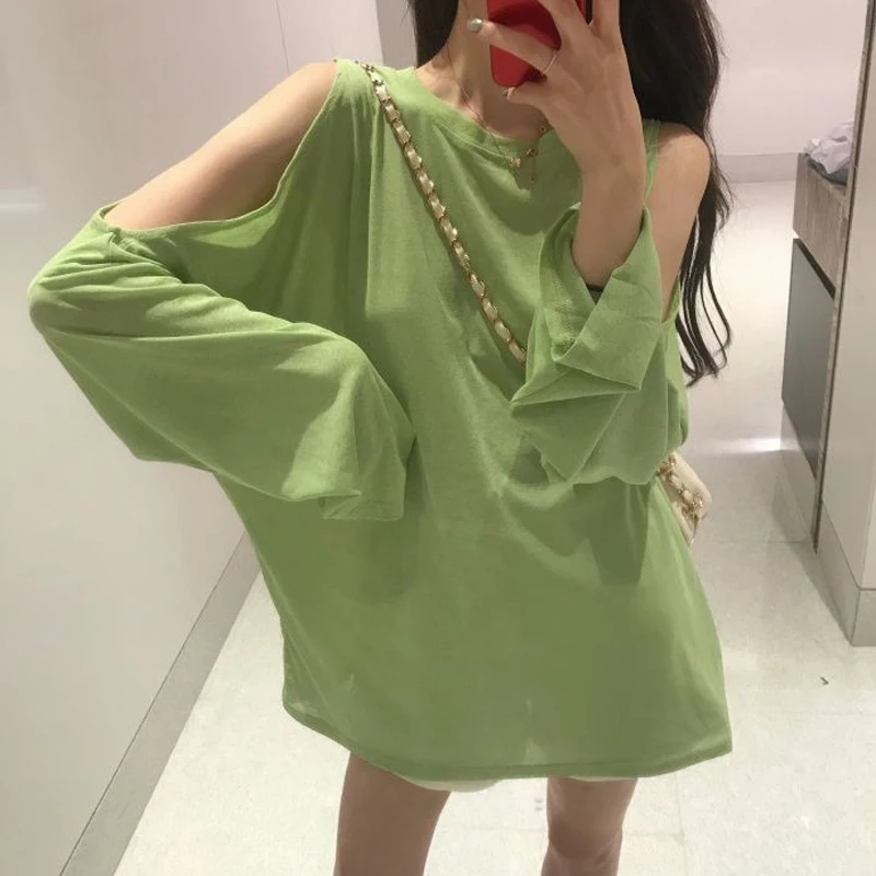 Summer New Off Shoulder Loose Top T Shirt Solid Color Long Sleeve Round Neck All-match Pullovers Fashion Casual Women Clothing