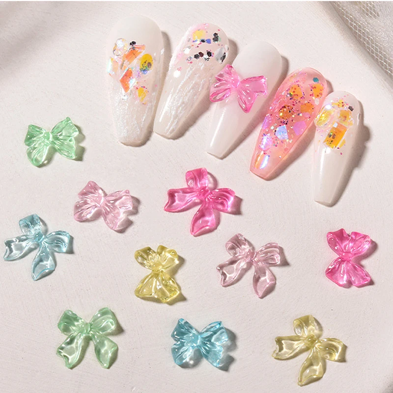 50pcs Jelly Ribbon Bowknot Nail Art Charms 3D Colorful Transparent Color Summer Nail Decoration Korea Auroras Nail Decor