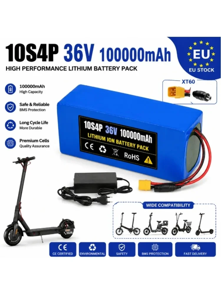 EU-Lager 36V 100Ah Wiederaufladbare Lithium-Batterie 10S4P 18650 Akkupack für Elektroroller E-Bike DIY Energiespeicher