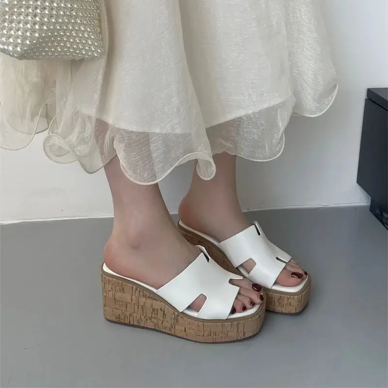 Black Heels Slippers Summer Block Wedge Shoes White Sandals Casual Woman Platform Heels Slippers Brown Sandales Femmes Size 43
