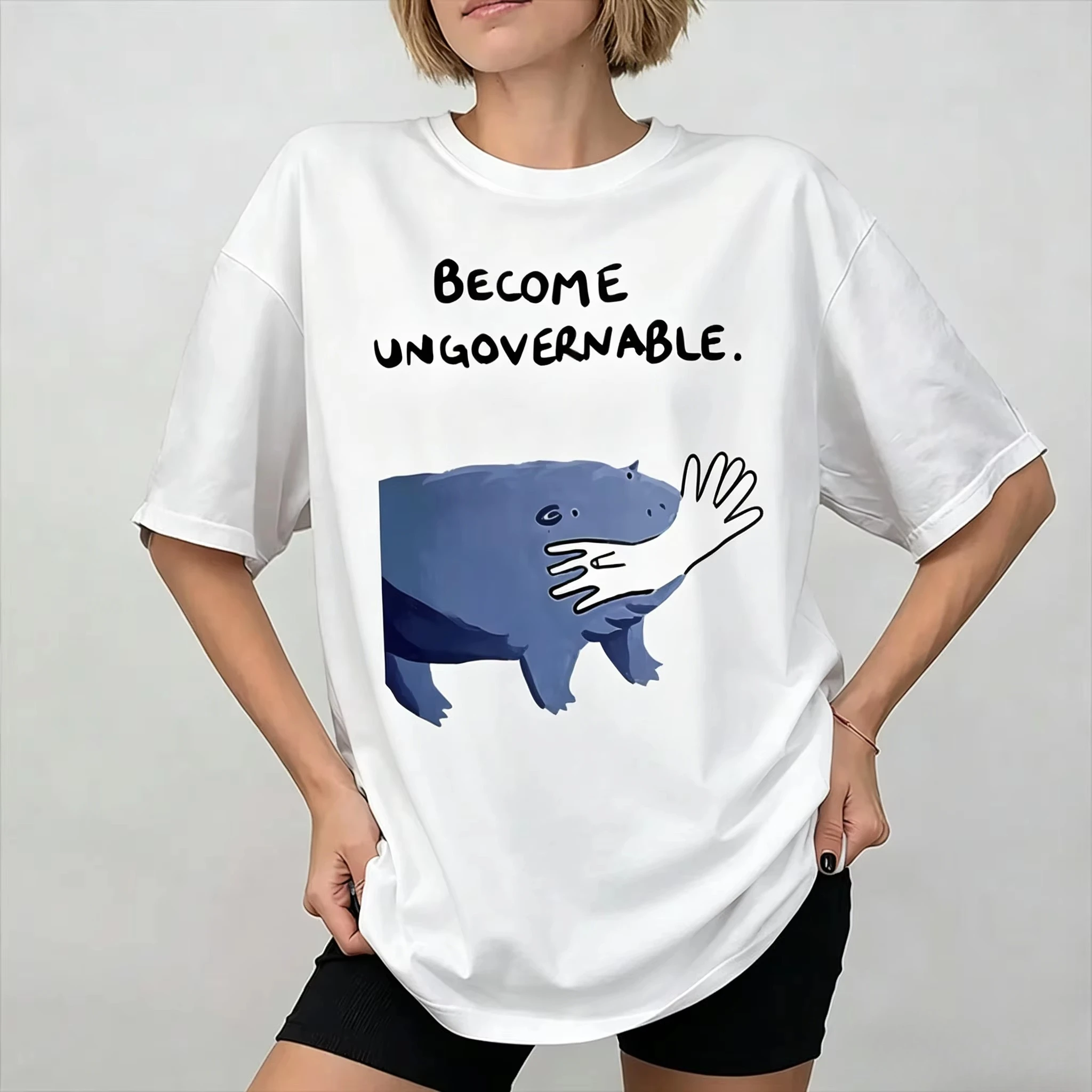 Become Ungovernable Hippo T-Shirt Moo Deng Design Funny Animal Graphic Tee Rebellious Meme Humor T Shirt Short Sleeve Top