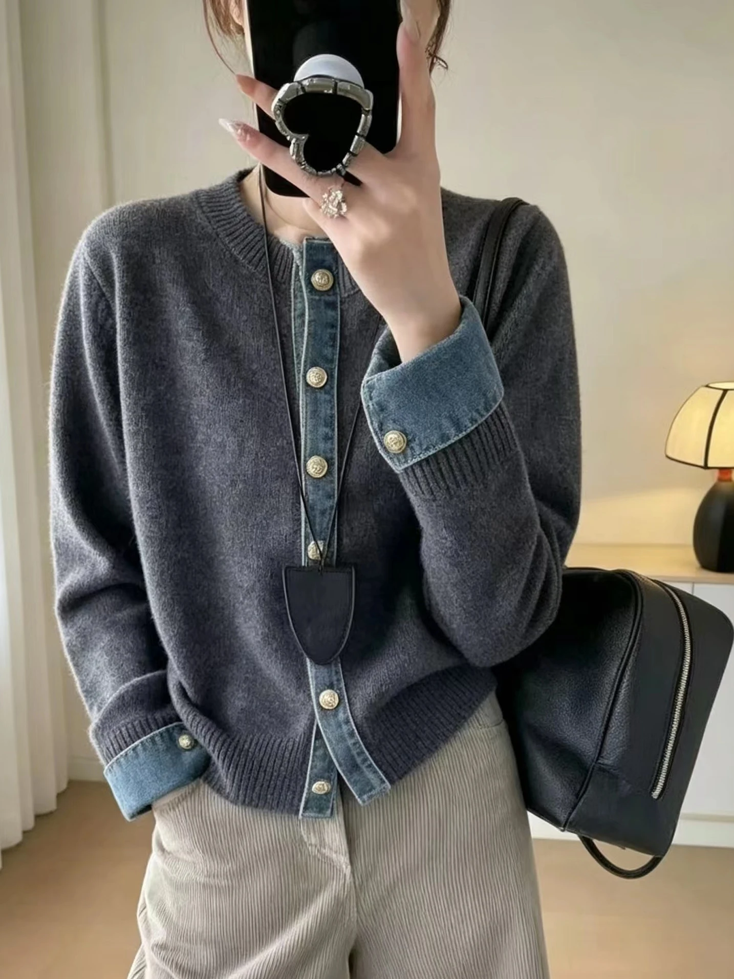 Women's Knitted Sweater Autumn Fashion Loose Fit Denim Splicing Slimming Open Cardigan Soft Long Sleeve round Neck Top