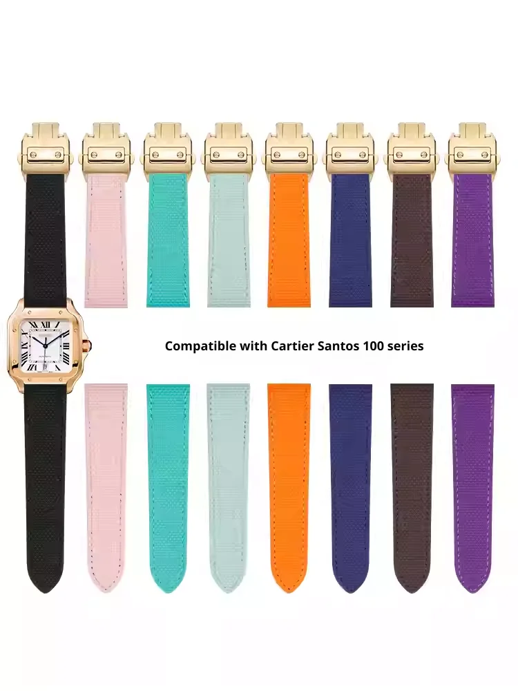 20/23mm FKM watch strap for Cartier Santos 100 fluororubber watchband stainless steel butterfly buckle Men's Women's bracelet