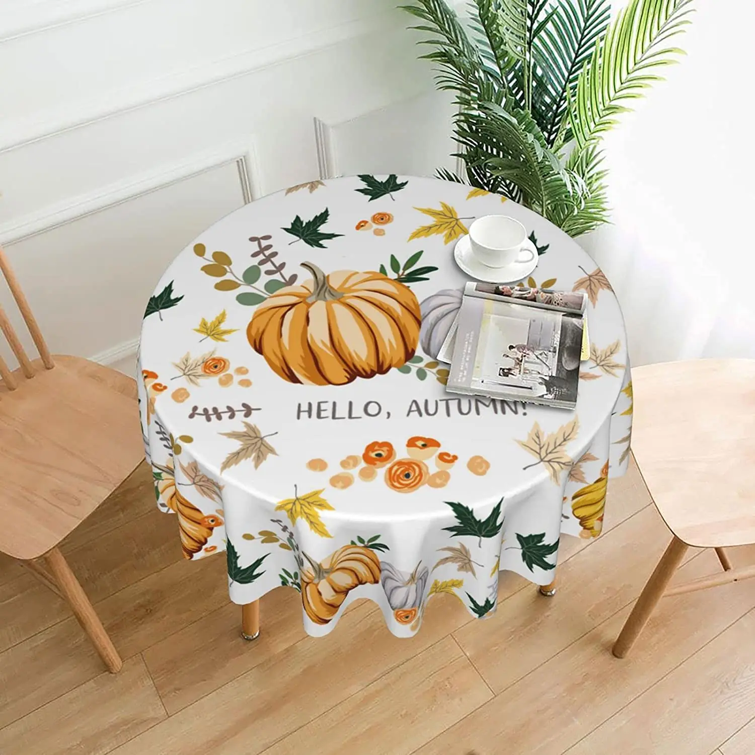 Fall Pumpkin Round Tablecloth Autumn Color Maple Leaf Thanksgiving Round Table Cloth with Dust-Proof Wrinkle Home Kitchen Dining