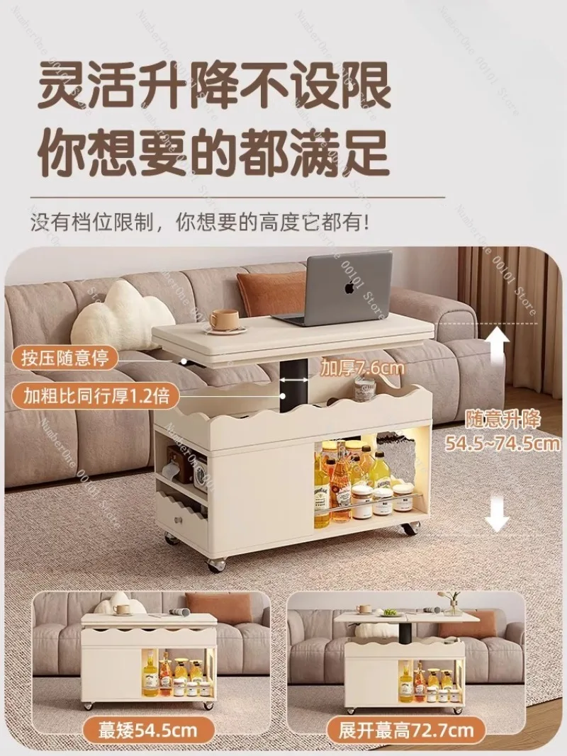 Cream-Style Height-Adjustable Coffee Table Trolley, Folding Mobile Side Table, Living Room Sofa Tea Table, New 2026 Design with