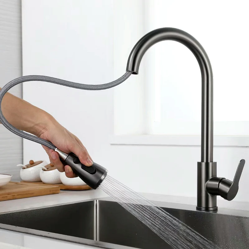 cdbm 304 Stainless Steel Pull‑Out Kitchen Faucet, Hot Cold Mix Water 360° Rotatable Sink Tap CFG‑008-6H