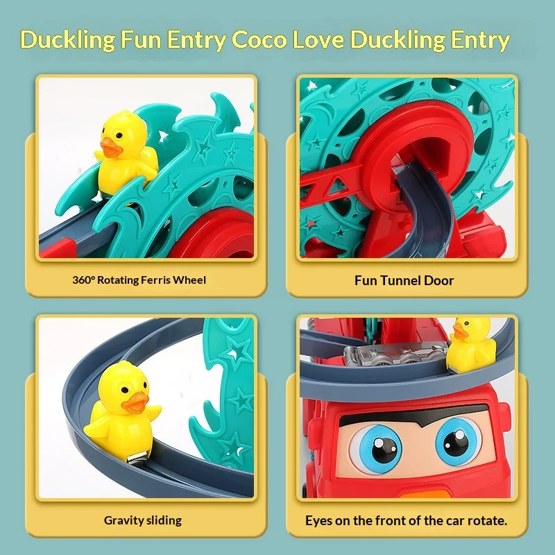 Electric Yellow Duck Stair Climbing Track Set Fire Truck Style 360 Spin Ferris Wheel Sound Light Educational Toy For Toddlers