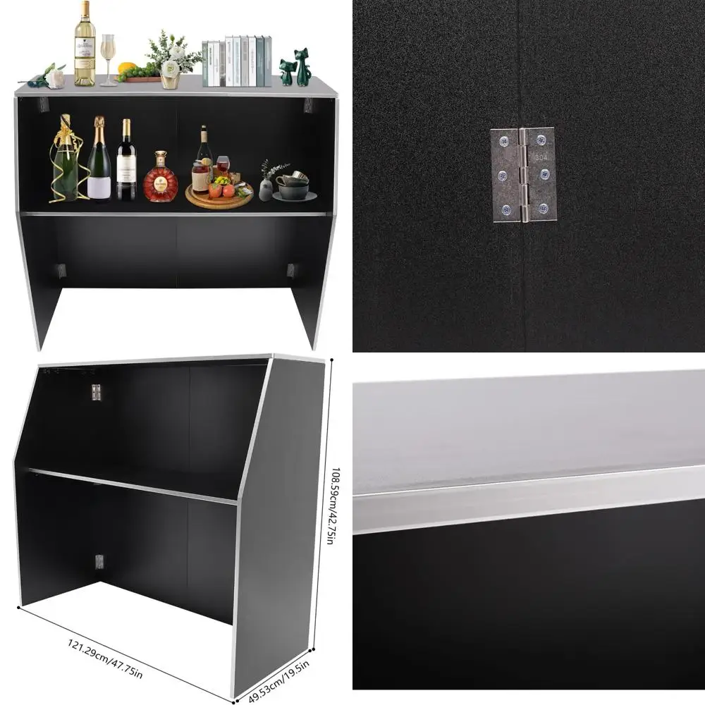 

Портативный двухъярусный складной барный шкаф для мероприятий, прямоугольный дизайн со стильным столом, практичные защелки черного цвета