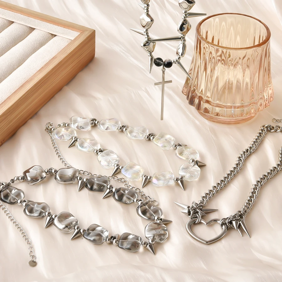 1 Stück Edelstahl Punk Rock Nietenbesetzte Grunge Anhänger Halsketten Coole Herren Gothic Harajuku Herz Egirl Choker Schmuck – Detail 1