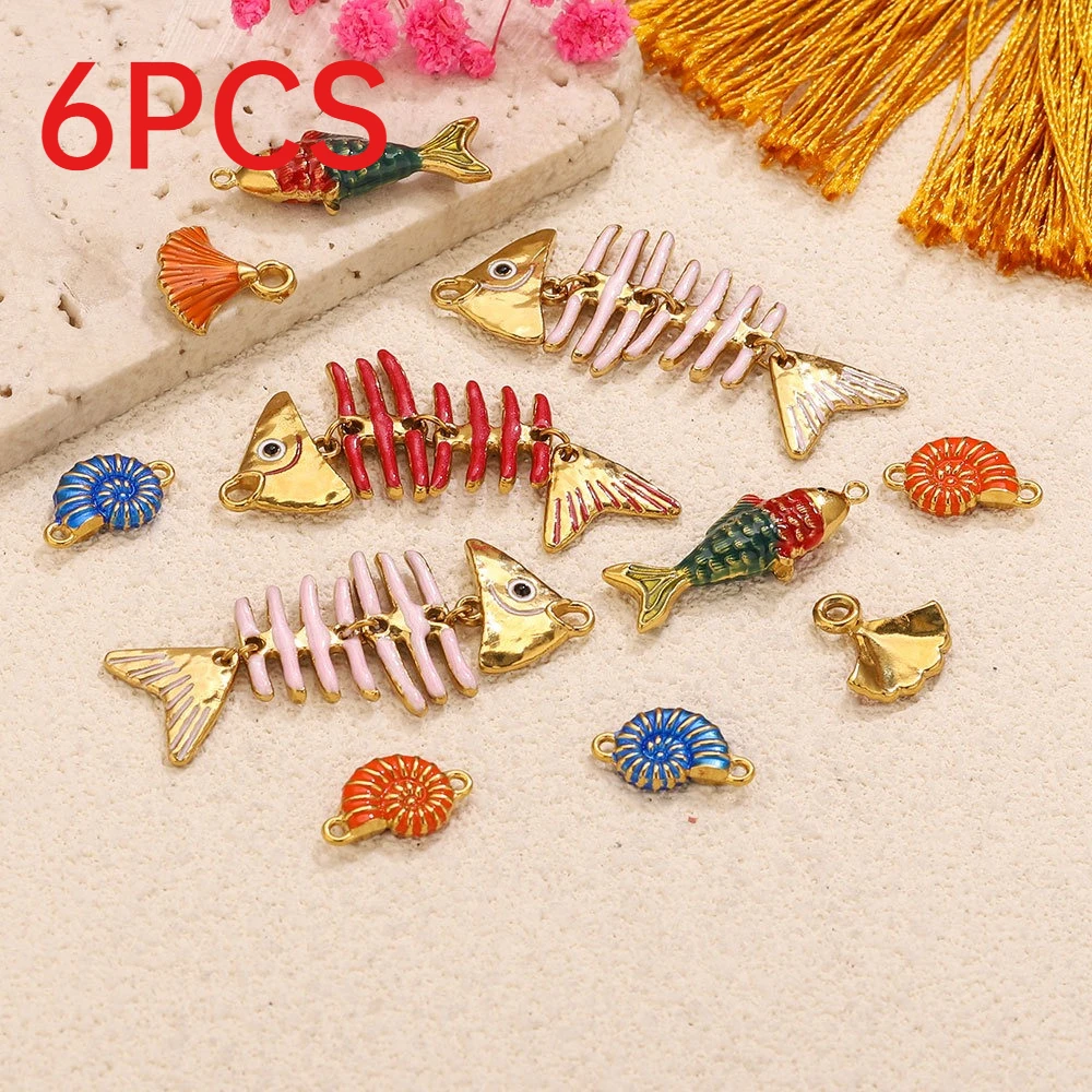 6Pcs Stainless Steel Enamel Charms Fish Bone Ginkgo Conch Pendants DIY Handmade Jewelry Findings For Bracelets Necklaces