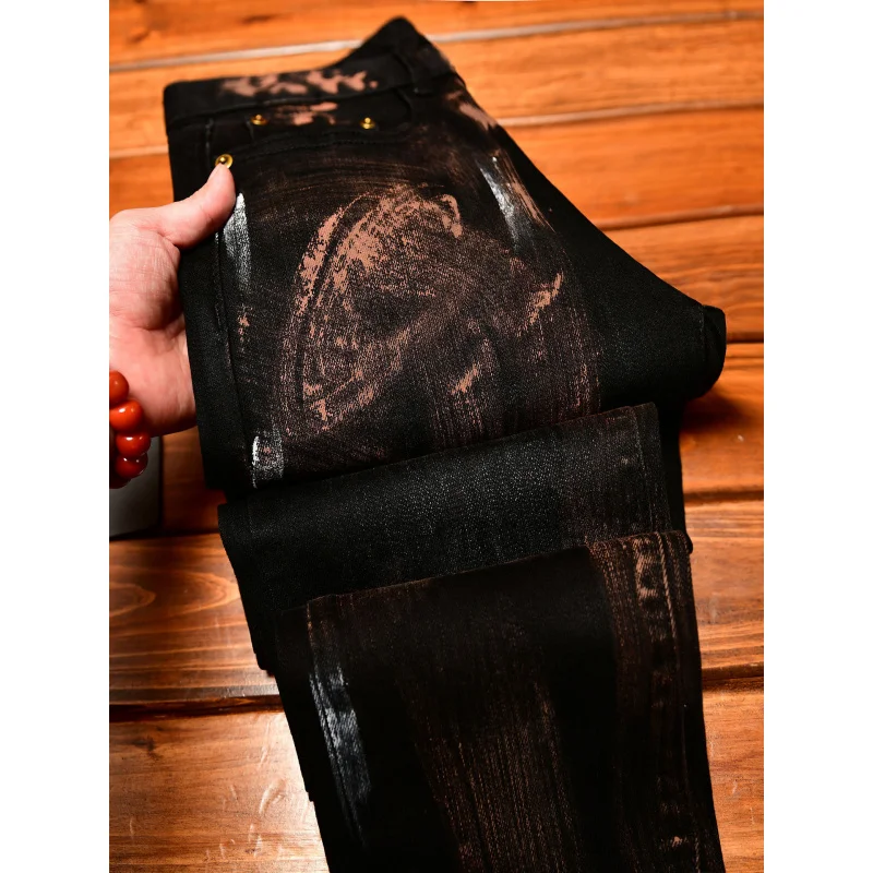 2025 Autumn Black Jeans Men's Inkjet Graffiti Printed Street Men's Clothing Nostalgic Trend High end Retro Denim Pants