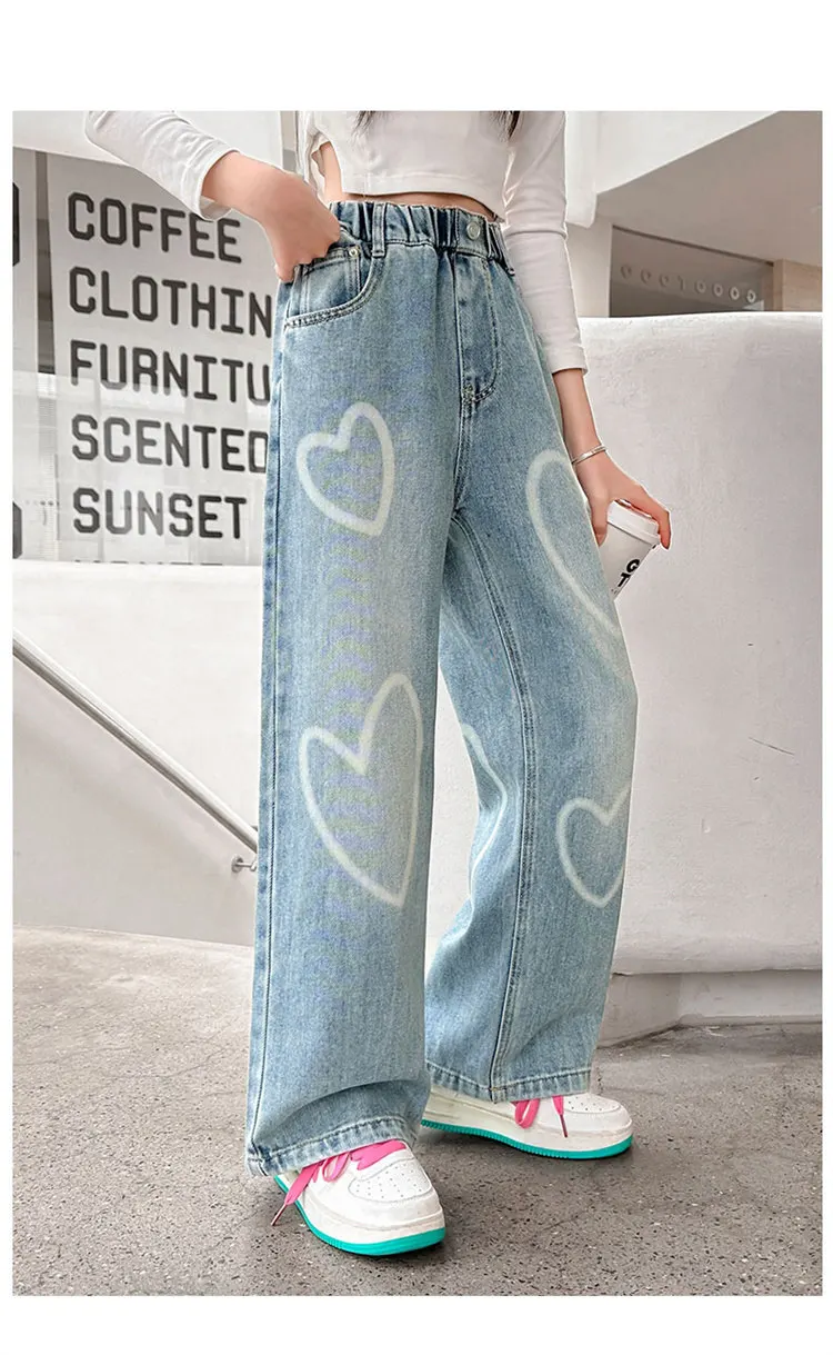 Hochwertige Jeans für große Mädchen mit Herzmuster, Neuheit 2024, Frühjahr/Herbst, modische weite Hosen, lockere Schulhosen für Kinder – Detail 8