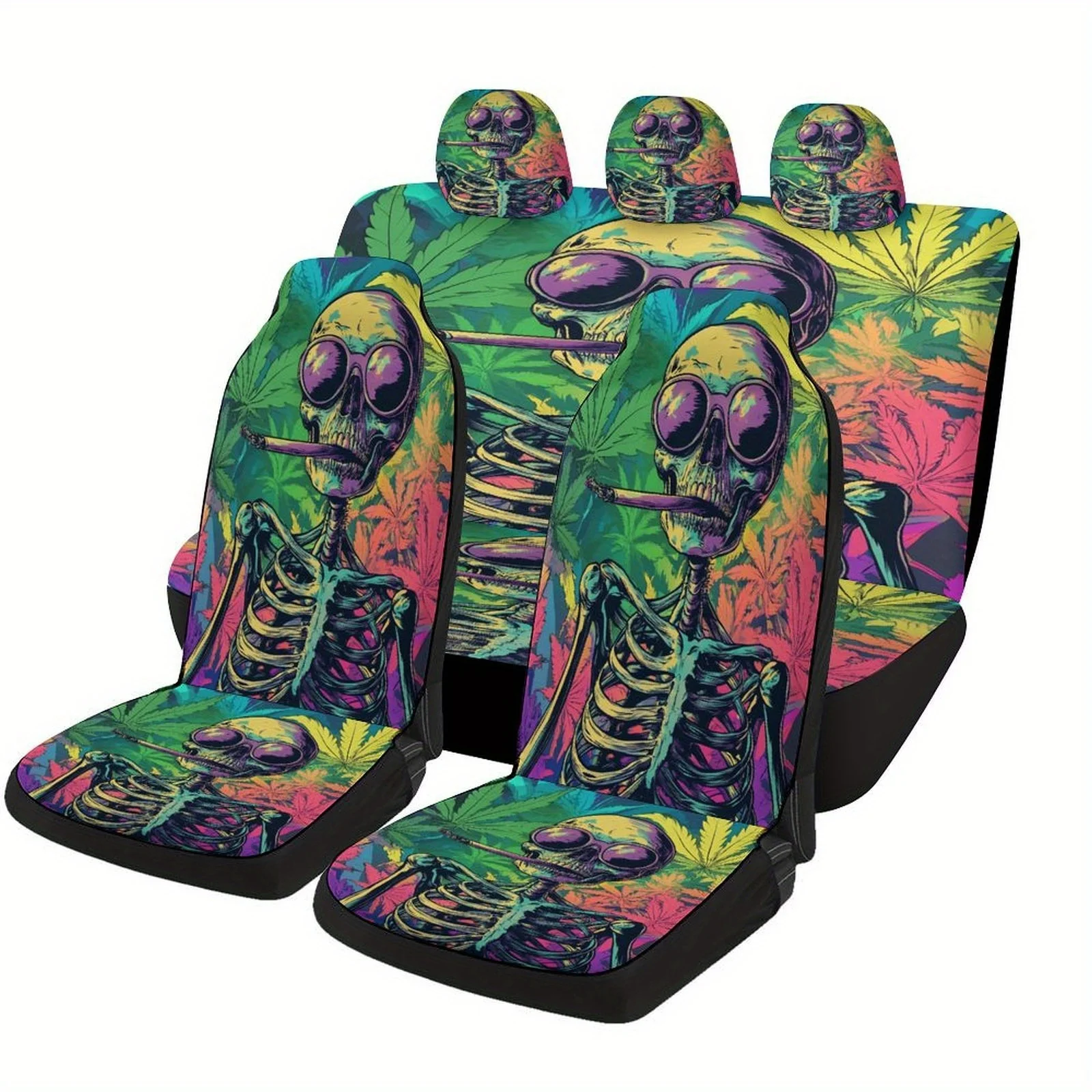 Colorful Skeleton With Joint Themed Car Seat Cover Set For Most Cars, Fashionable Novelty Car Seat Protector Covers Full Set, Un