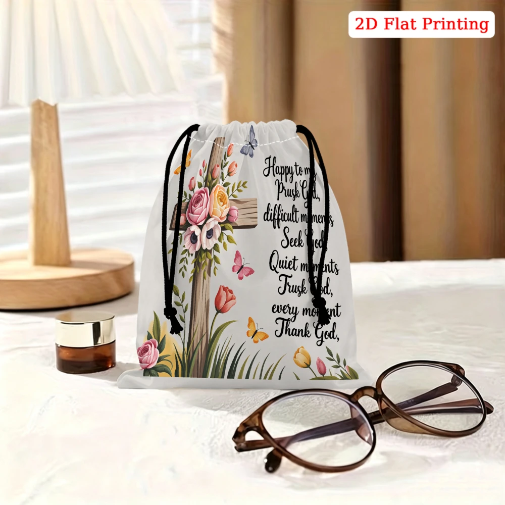 1pc Floral Cross Print Drawstring Bag White Religious Quote Storage Small Pouch Travel Organizer For Women Gift Portable Pouch