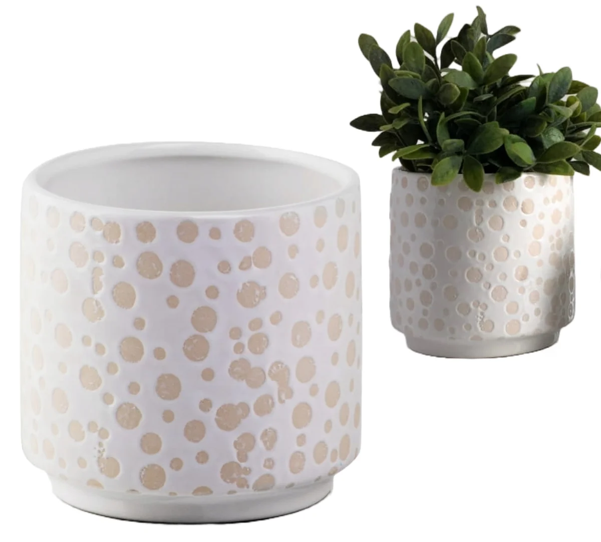 Keramische bloempot witte cilinder met stippen 13 cm