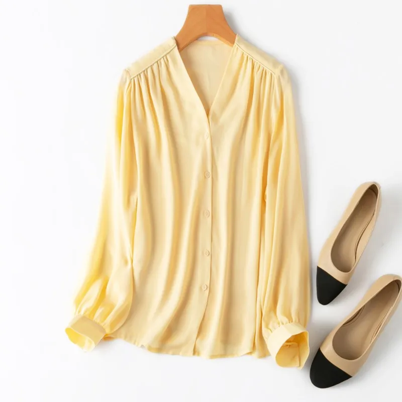 

Women Silk Shirt 100% Mulberry Silk Elegant Yellow V Neck with Lining Buttons Down Long Sleeve Top Blouse Office Lady L XL MM892