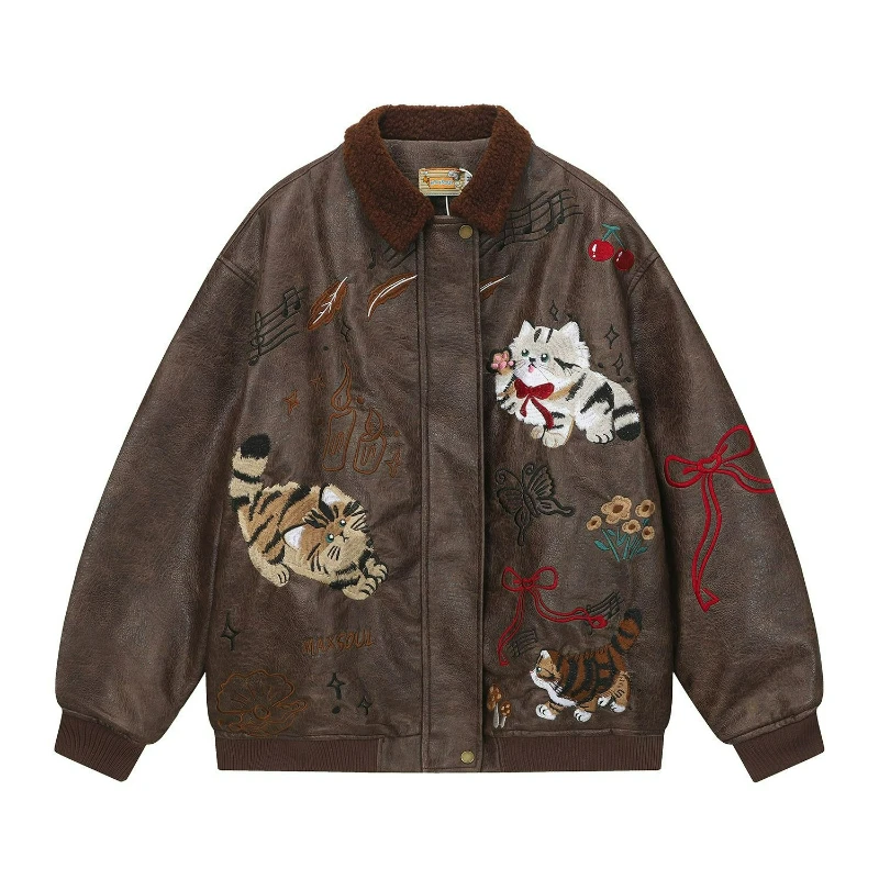 

American Retro Fun Cat-embroidered Leather Jacket for Men Women 2026 Autumn Winter New Fashionable Loose Fleece Warm Outerwear