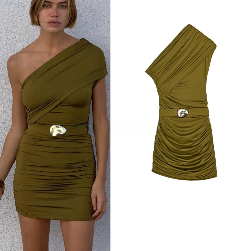 Frühling Neue Ankunft frauen Nylon Mischung Asymmetrische Kragen ort Sve Plissee Dr Hohe Taille Pendeln Sle Sommer Rock