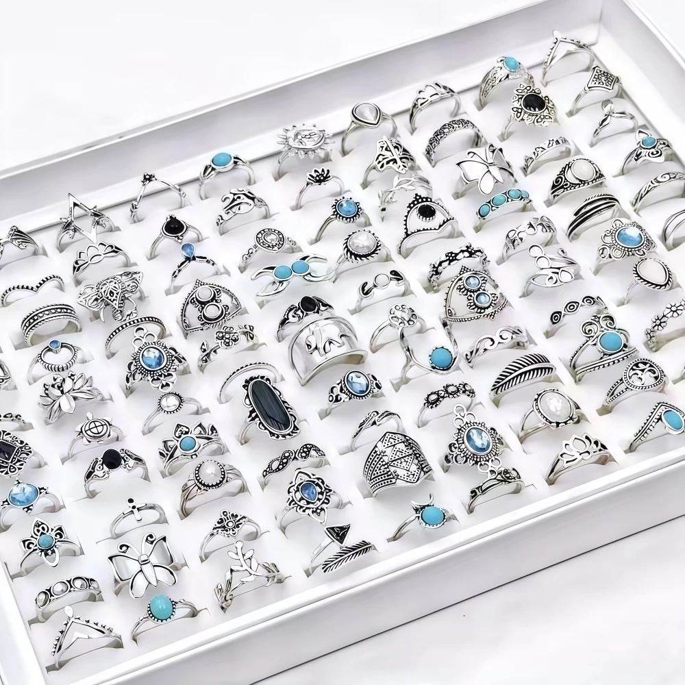 Juego de 10/20/30/50/100 Anillos Vintage de Flores Bohemias para Mujer, Estilo Mixto, Personalidad, Moda, Joyería Hueca, Regalos para Fiestas