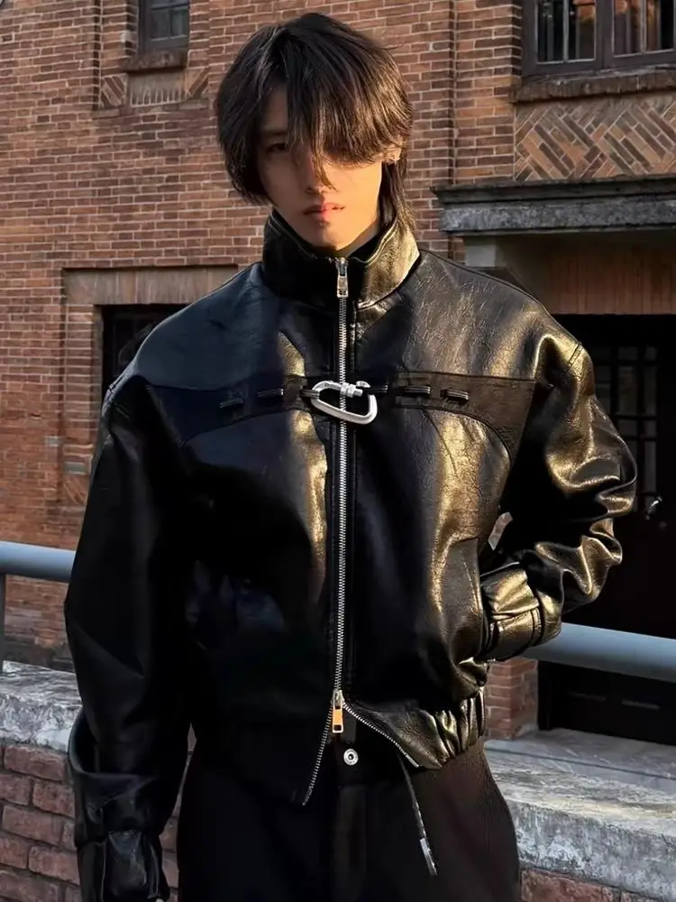 American Fashion Brand High Street Black Leather Coat Hiphop Short Stand-Up Motorcycle Jacket