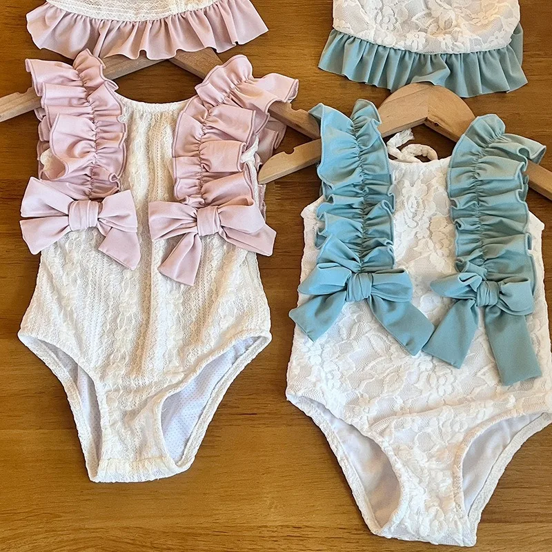 Baby Girls Ruffle Swimsuit 2026 New Summer Girl Bowknot Pricness One pieces Swimwear Sweet Kids Bikinis Set traje de baño niña