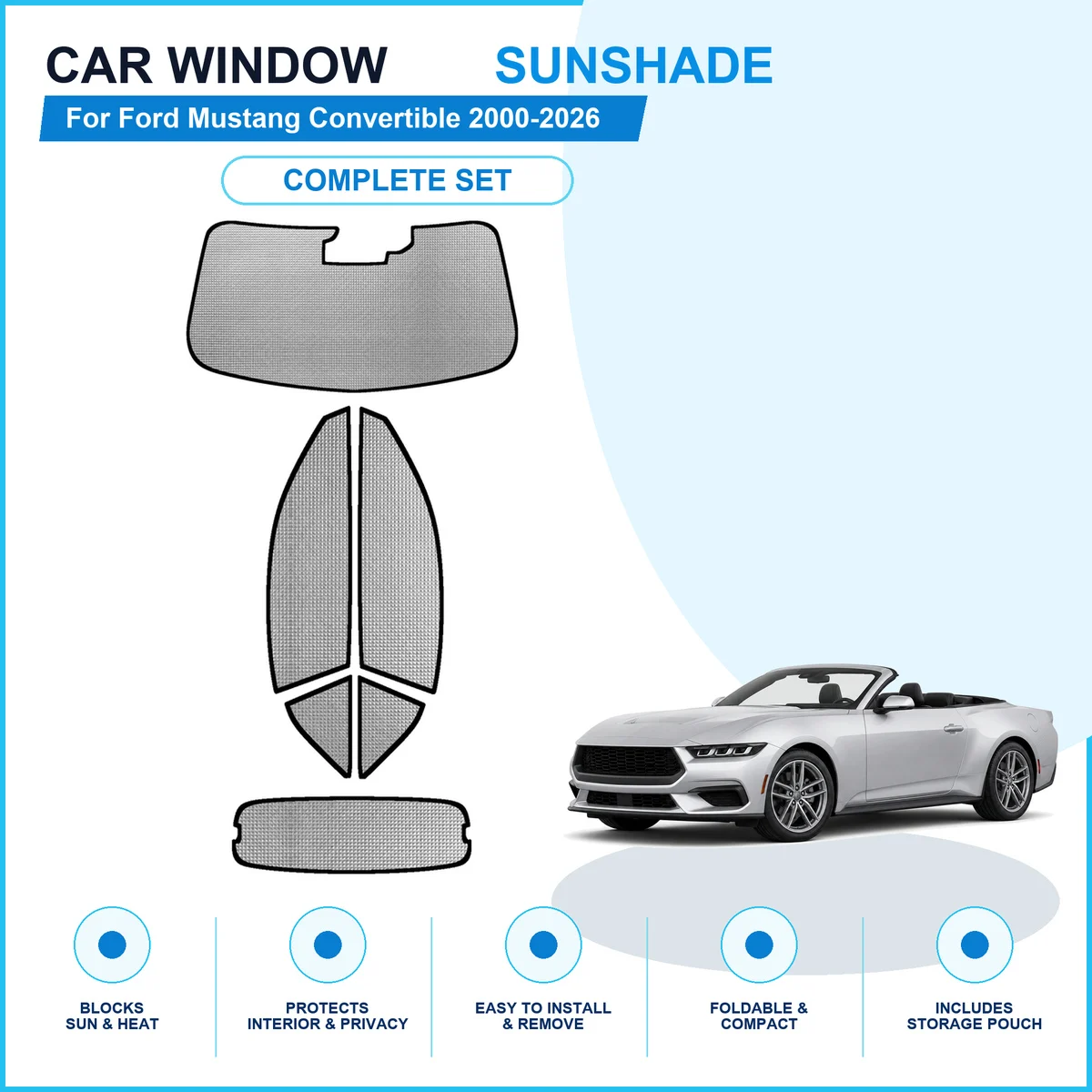 For Ford Mustang Convertible 2000-2026 Custom Full Set Window Sunshades Aluminum Foil Suction Cup Anti UV Privacy
