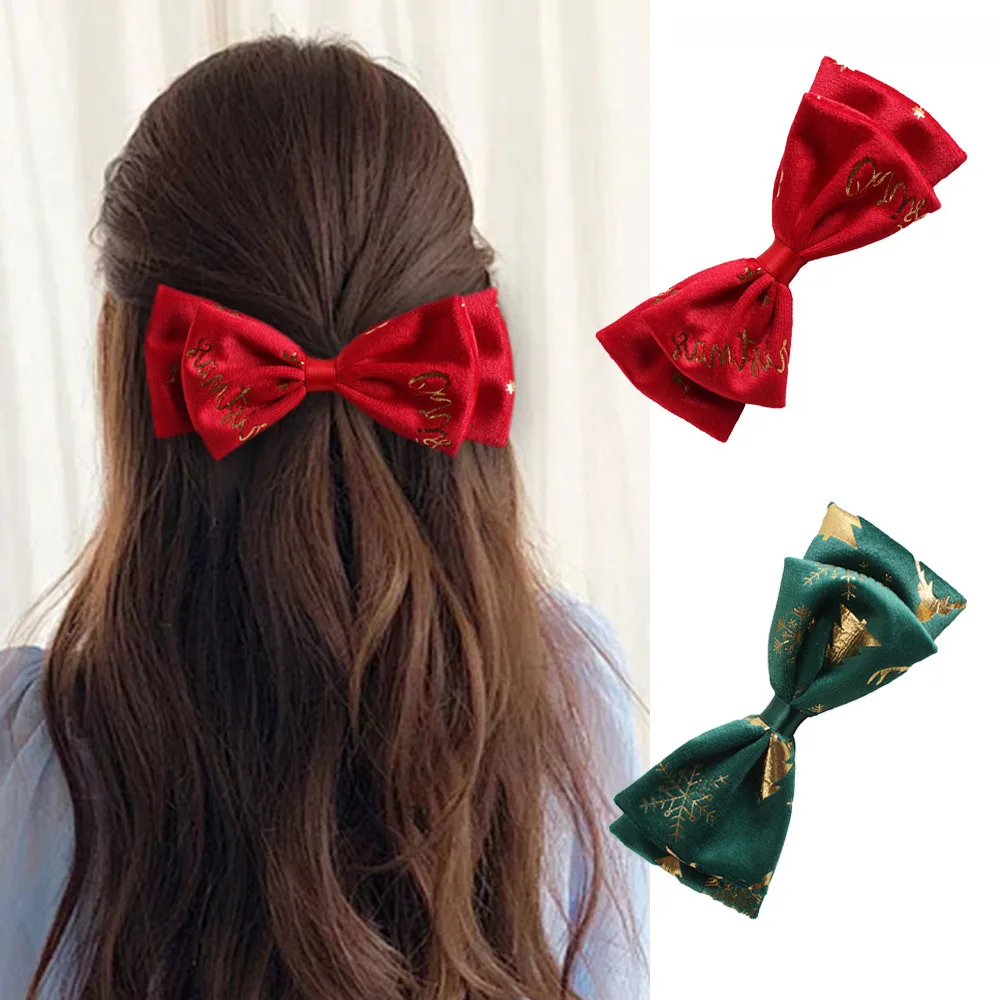 Women Bowknot Hairpin Christmas Party Styling Hairs Accessories Gold Stamping Pattern Cute Girls Hairpin Bangs Braid Hair Clip