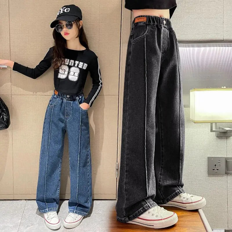 

New Arrival 2024 Children's Wide Leg Pants Infant Denim Trousers Kids High School Girls Straight Leg Fashionable A51