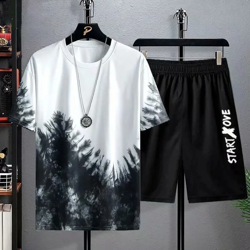 Men\'s Suit Gradient Summer Short Sleeve O-neck T-Shirt Set Fashion 2 Piece Streetwear 3D Printed Haweii Beach Shorts Sportswear