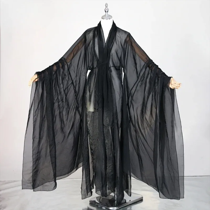 Ancient Style Chinese Hanfu Cloak Folk Dance Stage Performance Costume Cloak Elegant Tulle Chiffon Large Sleeves Hanfu Cardigan
