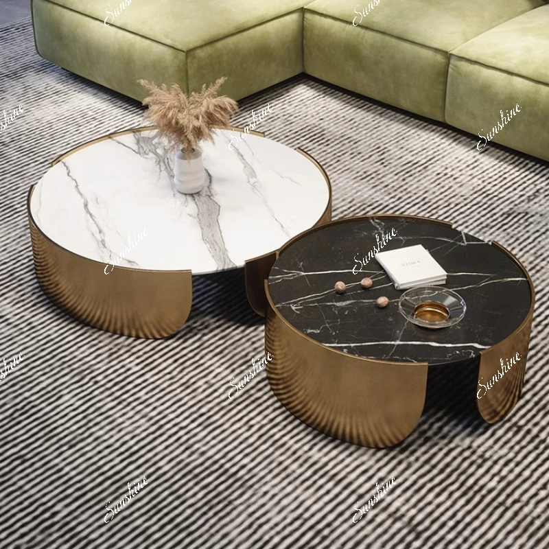 Italian minimalist light luxury rock slab coffee table, living room, round coffee table