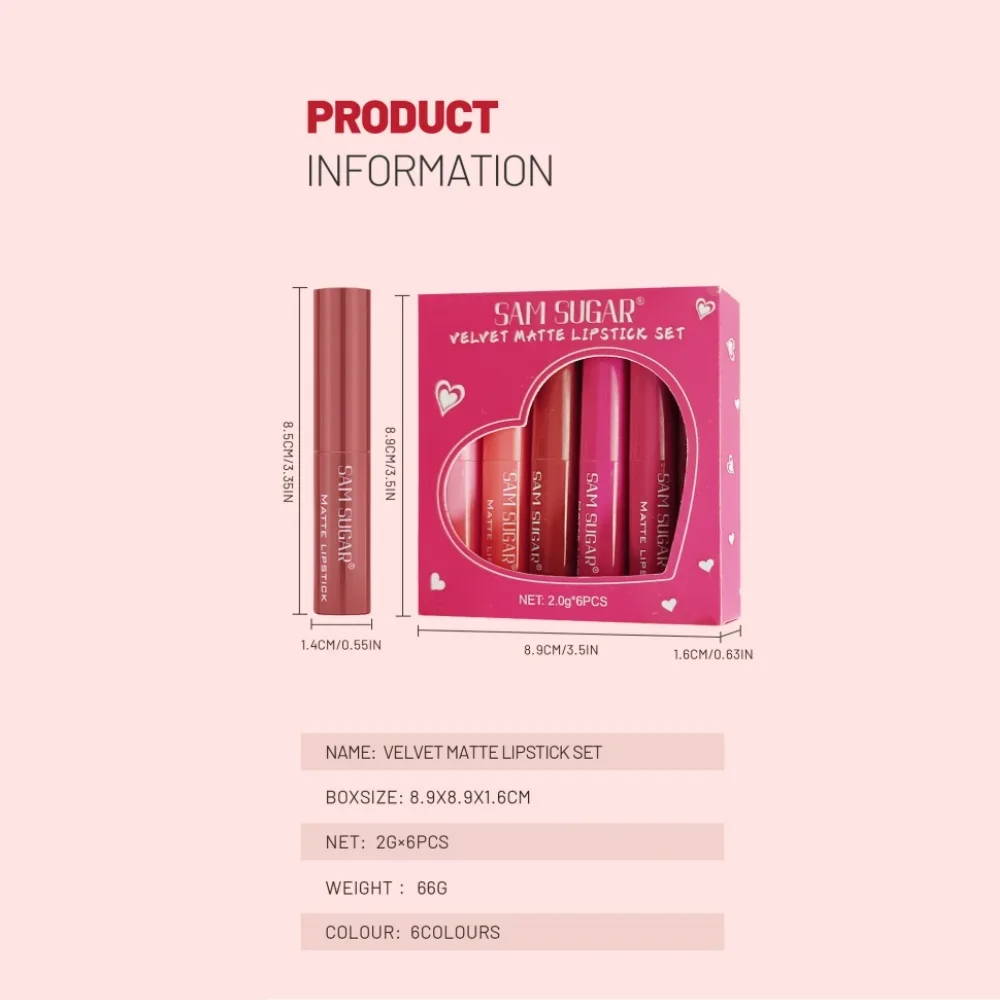 SAM SUGAR 6pcs Velvety Matte Lipstick Set Long-Lasting Waterproof Easy-to-Color Lip Balm Makeup Collection of 6 Shades