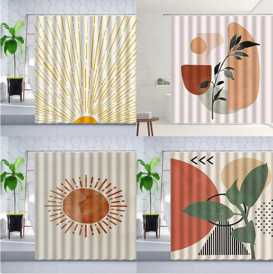 Abstract Art Shower Curtain, Modern Sun & Leaf Designs, Waterproof for Stylish Bathroom Decor, Enhance Home Aesthetic
