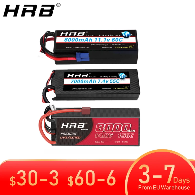 HRB 1PCS RC Lipo Battery 2S 3S 4S 7.4V 11.1V 6000mah 7000mah 8000mah 9500mah 50C 60C Hard Case Cars Boats XT60 T Deans