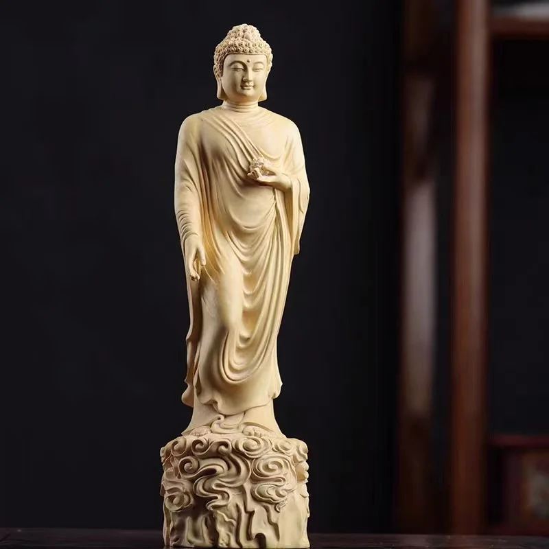 XS307- 20CM Boxwood Amitabha Buddha Sculpture Wood Carving Sakyamuni Statue Worship Living Room Home Decor