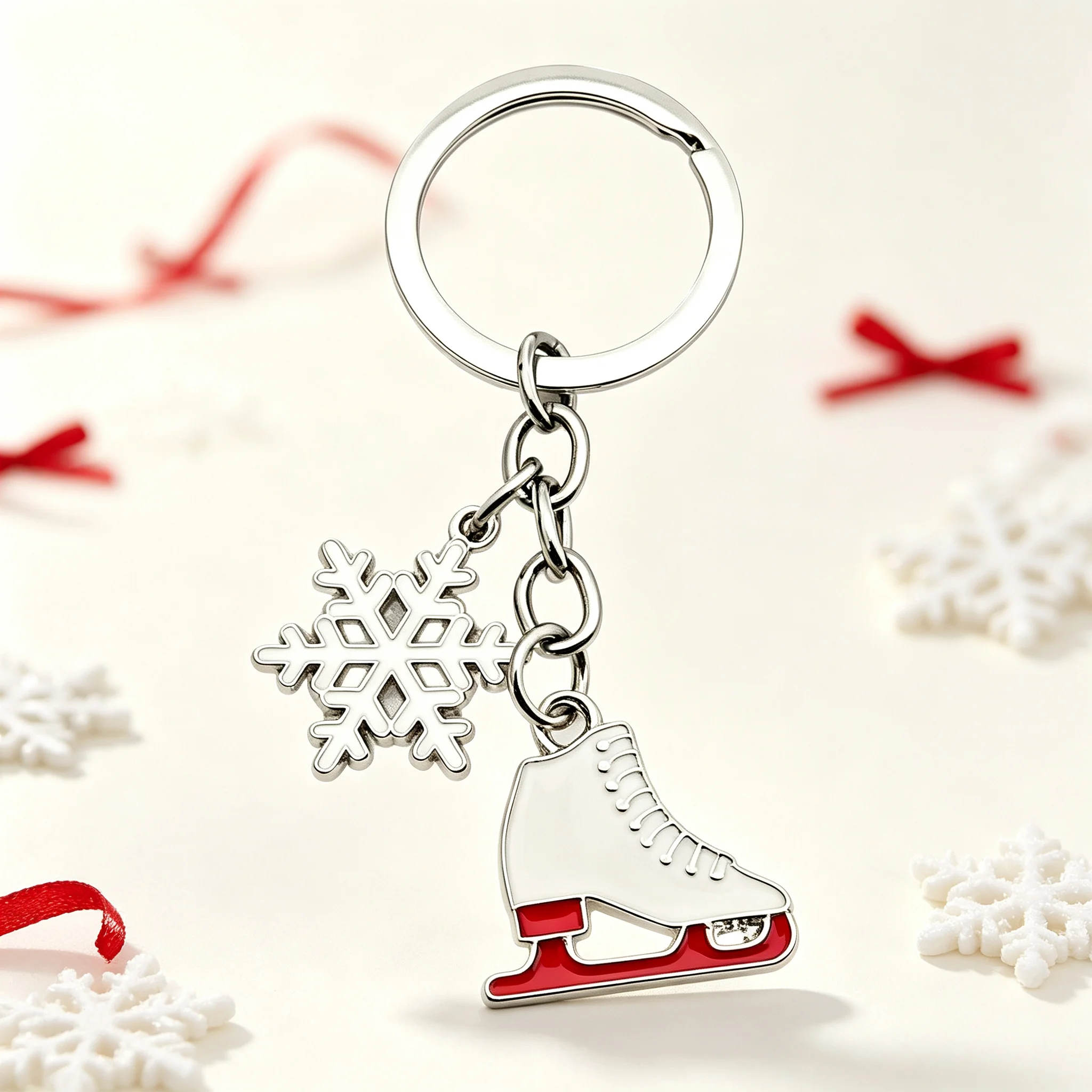 Schlüsselanhänger Eisschlittschuh & Schneeflocke Legierung Weiß Rot Emaille Niedlicher Winter-Taschenanhänger Weihnachtsgeschenk Damen Sport-Urlaubszubehör – Detail 6