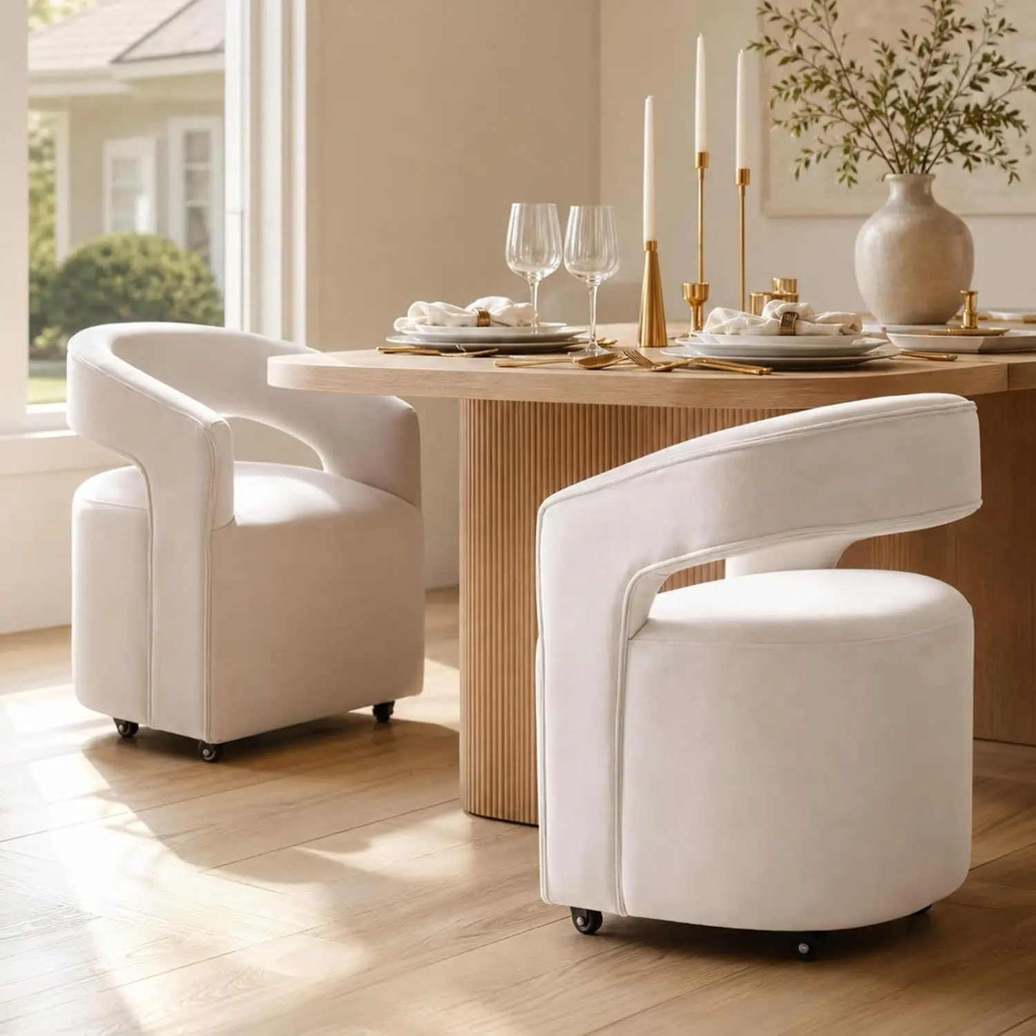 Upholstered Dining Chairs with Casters, Beige Linen Fabric Barrel Chair, Set of 2, Modern Swivel Dining Room Chair, Customized