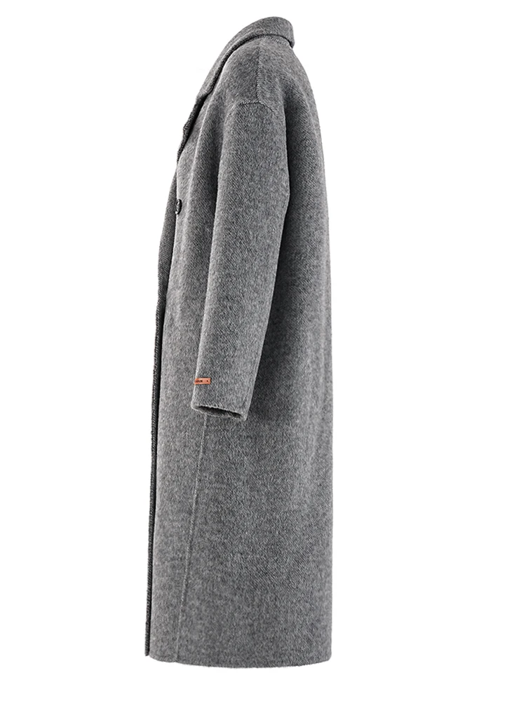 [EAM] Gray Double Breasted Big Size Long Woolen Coat New Lapel Long Sleeve Women Jacket Fashion Tide Autumn Winter 2025 CPG1805