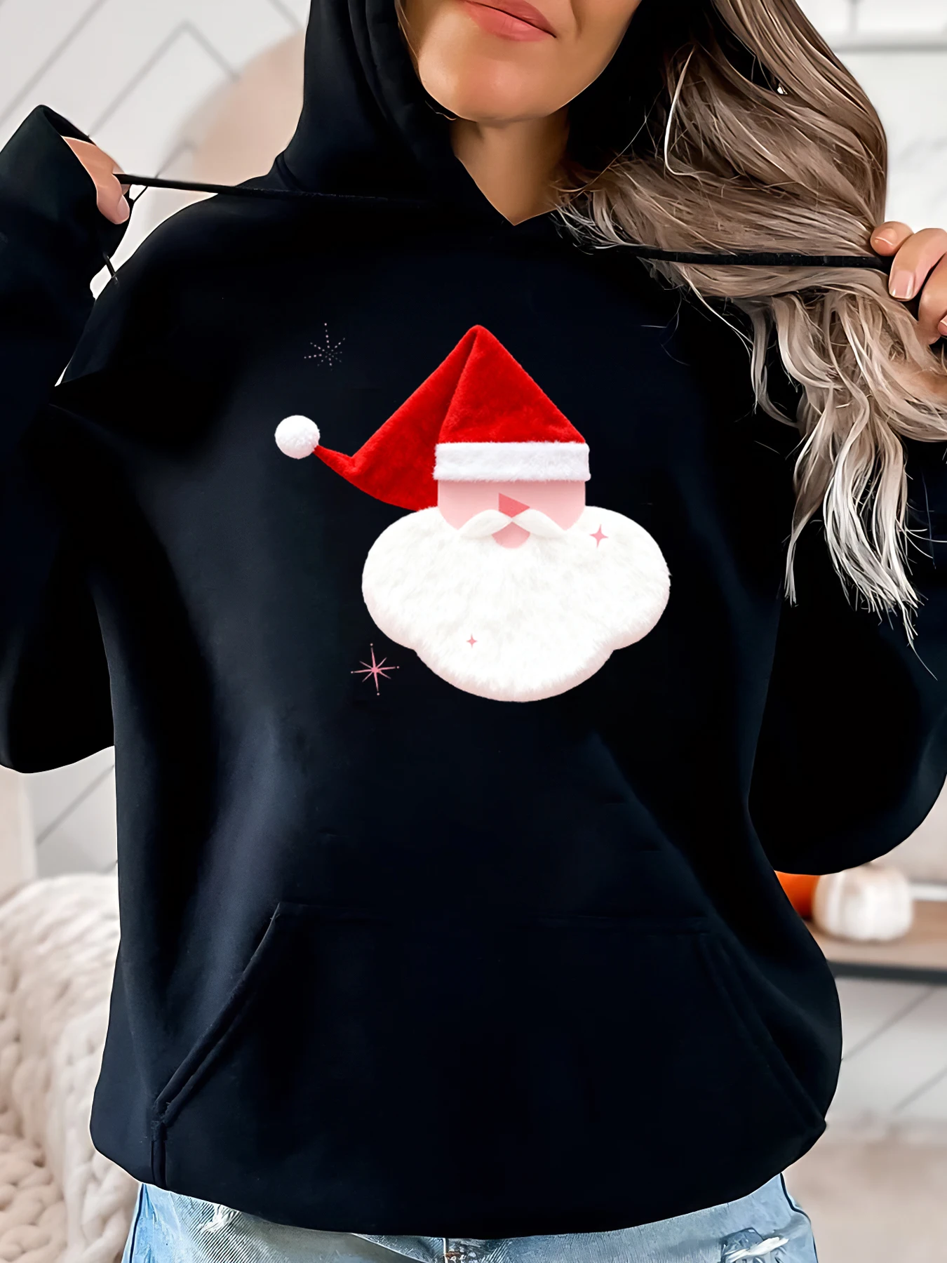 

Рождественская толстовка с принтом лица Санта-Клауса, женская повседневная зимняя одежда, черная, больших размеров