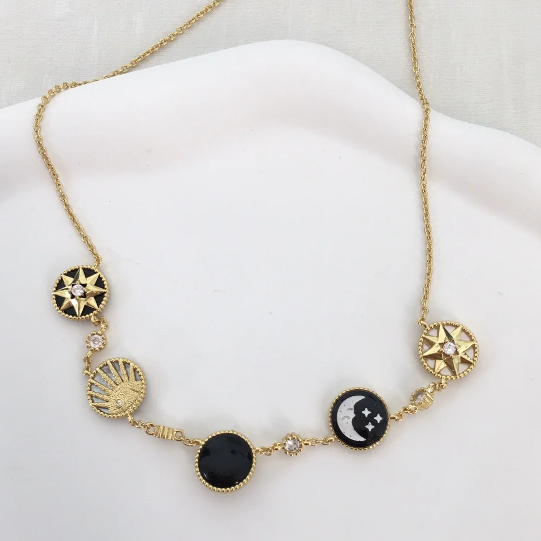 Sun Moon Star plated 18k gold Star Moon necklace 5 flower bracelet earrings set natural Friticoagate double star clavicle chain